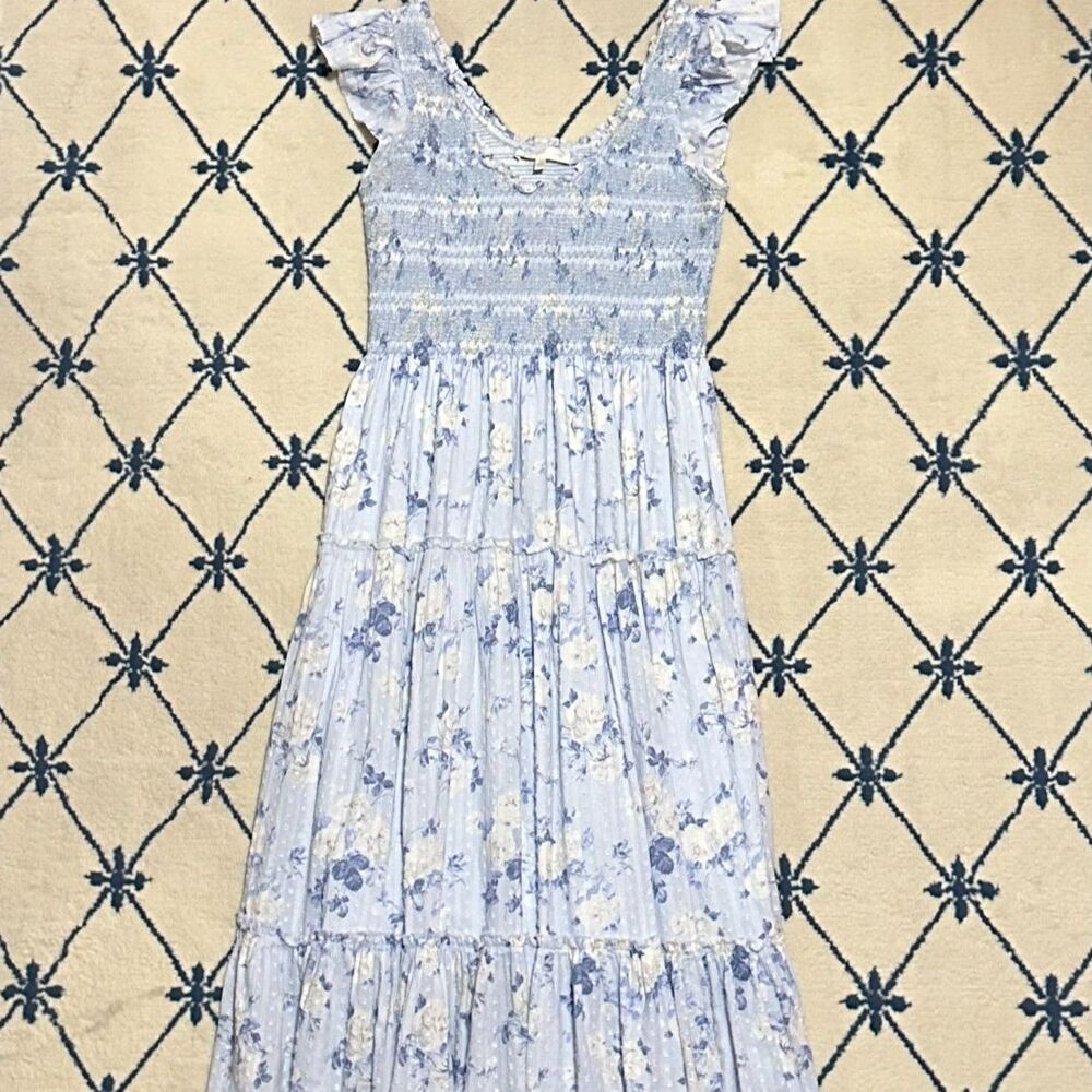LoveShackFancy Chessie Heirloom Print Cotton Floral Maxi Dress - Whisper Blue